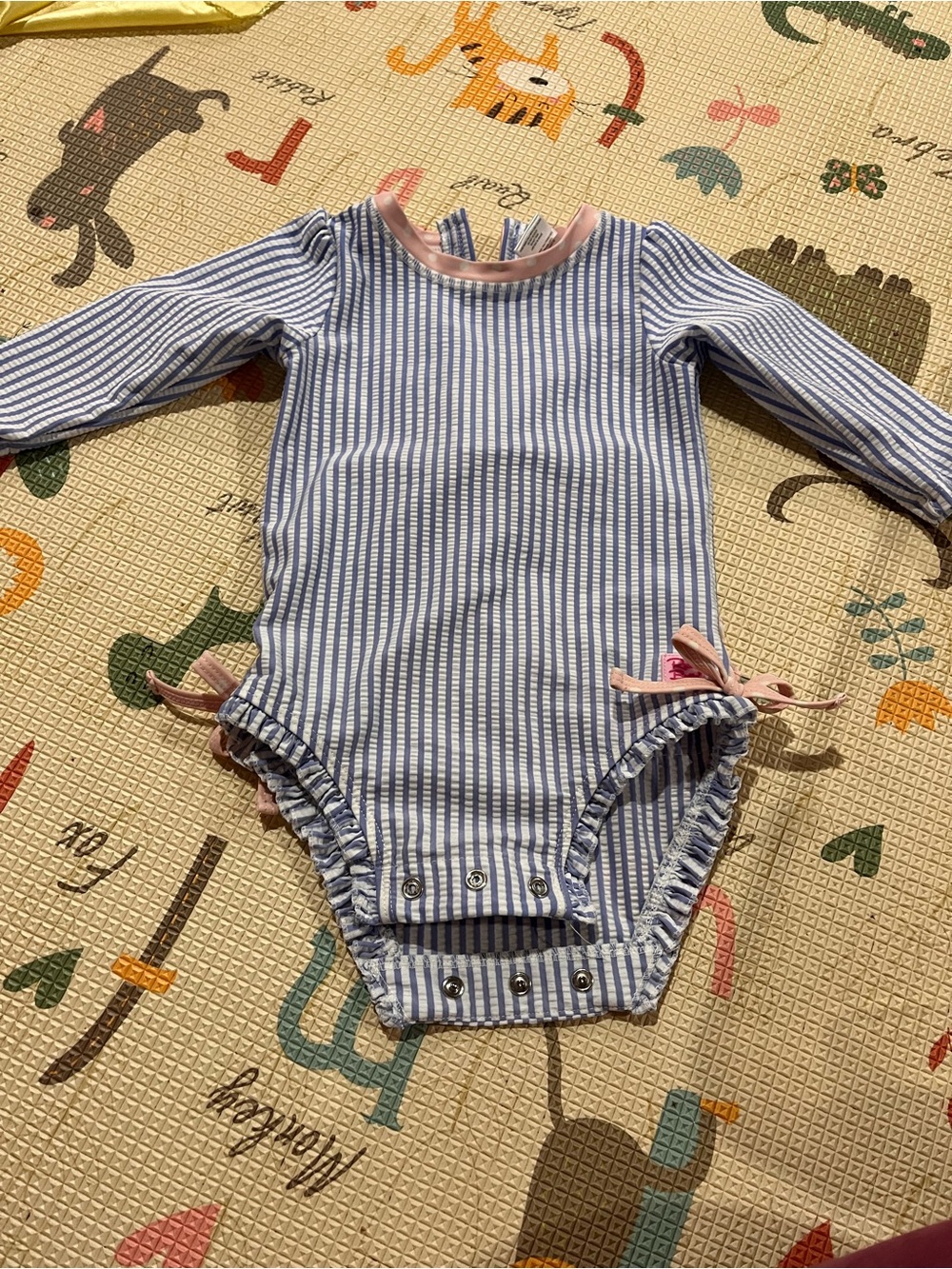 Ruffle Butts Blue & White Striped Long-Sleeve One-Piece with Pink Trim